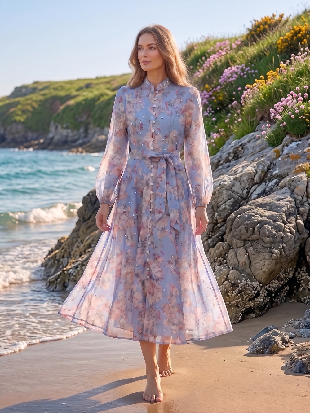 Sheer Floral Long-Sleeve Midi Dress in Light Blue small